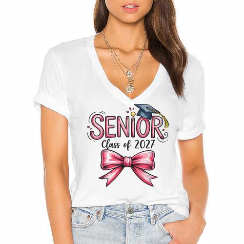 Senior Class Of 2027 Coquette Pink Bow Graduation 2027 Girls Women's Jersey Short Sleeve Deep V-Neck Tshirt				 - Best Gift Smart