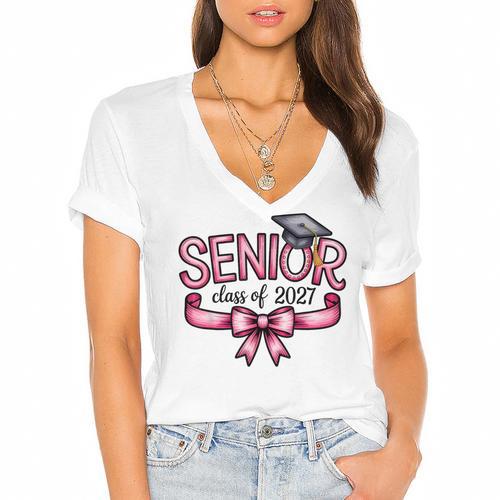 Senior Class Of 2027 Coquette Pink Bow Graduation 2027 Women Women's Jersey Short Sleeve Deep V-Neck Tshirt - Best Gift Smart