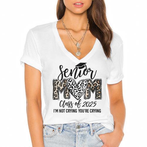 Senior Mom Class Of 2025 Senior Mama 2025 Leopard Graduation Women's Jersey Short Sleeve Deep V-Neck Tshirt				 - Best Gift Smart