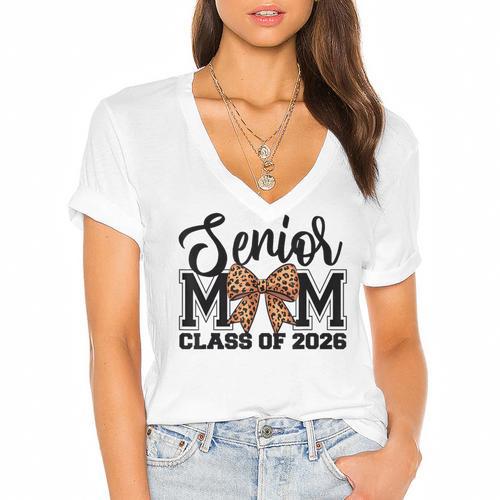 Senior Mom Class Of 2026 Graduation Leopard Coquette Bow Women's Jersey Short Sleeve Deep V-Neck Tshirt - Best Gift Smart