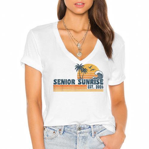 Senior Sunrise 2026 Graduation Cool Retro High School Women's Jersey Short Sleeve Deep V-Neck Tshirt - Best Gift Smart