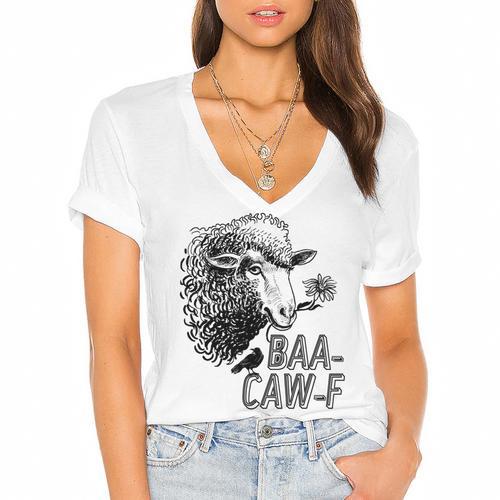 Sheep Baa Crow Caw Back Off Pun Tee For Introverts & Teens Women's Jersey Short Sleeve Deep V-Neck Tshirt - Raresse