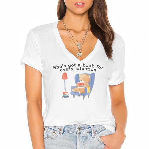 She's Got A Book For Every Situation Women's Jersey Short Sleeve Deep V-Neck Tshirt				 - Bookorys DE