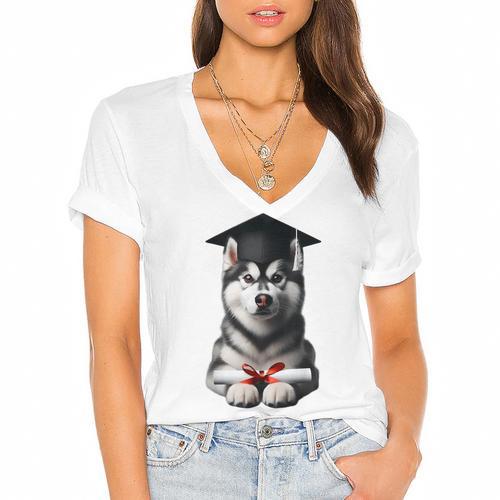 Siberian Husky Dog Graduation Cap Training School Graduate Men Women Kids Women's Jersey Short Sleeve Deep V-Neck Tshirt				 - Best Gift Smart