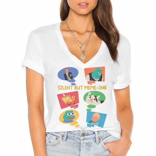 Silent But Meme-Ing Introvert Anti People Antisocial Quiet Women's Jersey Short Sleeve Deep V-Neck Tshirt - Raresse