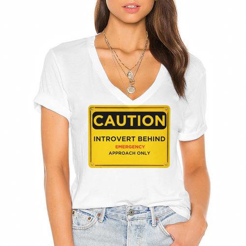 A Simple Yellow Warning Sign For Introvert Women's Jersey Short Sleeve Deep V-Neck Tshirt				 - Raresse