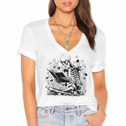 Skeleton Skull Halloween Book Reading Books Lover Teacher Women's Jersey Short Sleeve Deep V-Neck Tshirt				 - Bookorys AU