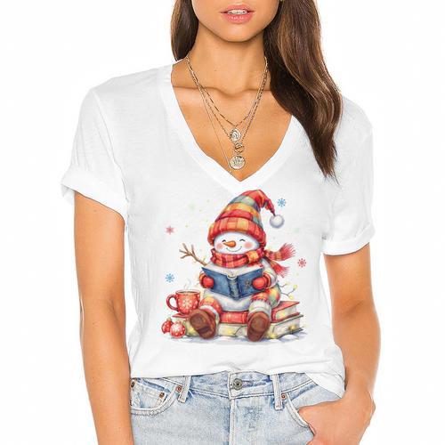 Snowman Reading Books Lovers Christmas Librarian Bookworm Women's Jersey Short Sleeve Deep V-Neck Tshirt - Bookorys