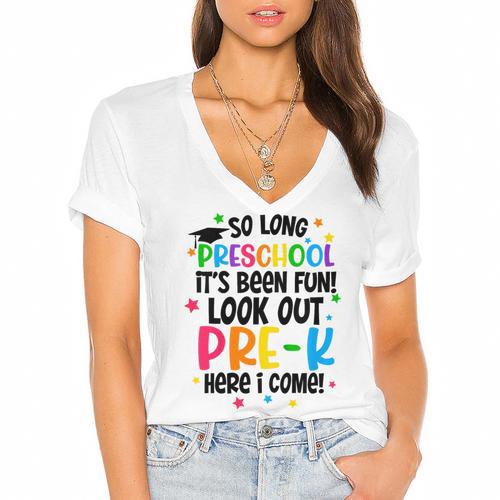 So Long Preschool Pre-K Here I Come Graduation Women's Jersey Short Sleeve Deep V-Neck Tshirt				 - Best Gift Smart