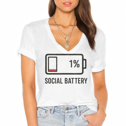 Social Battery 1 Shirt Introvert Anti Social Tee Gif Women's Jersey Short Sleeve Deep V-Neck Tshirt - Raresse