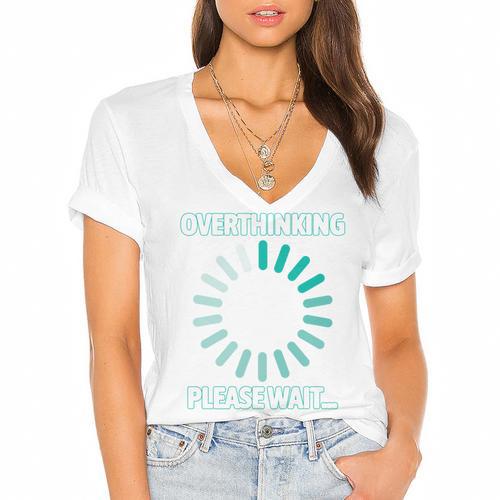 Social Introvert's Overthinking Please Wait Awkward Humor Women's Jersey Short Sleeve Deep V-Neck Tshirt				 - Raresse