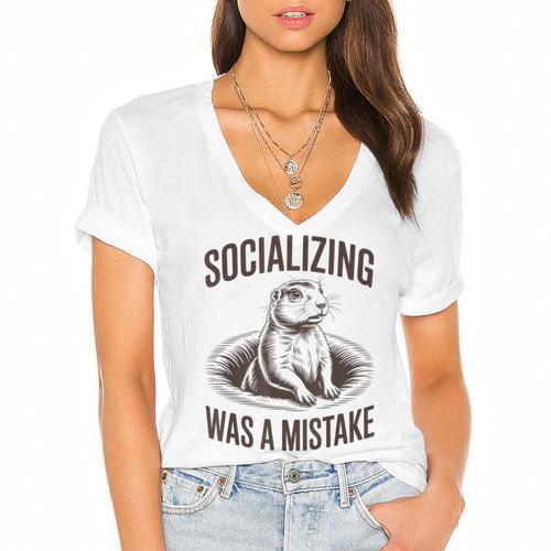 Socializing Was a Mistake Prairie Dog Introverts Humor Women's Jersey Short Sleeve Deep V-Neck Tshirt - Raresse