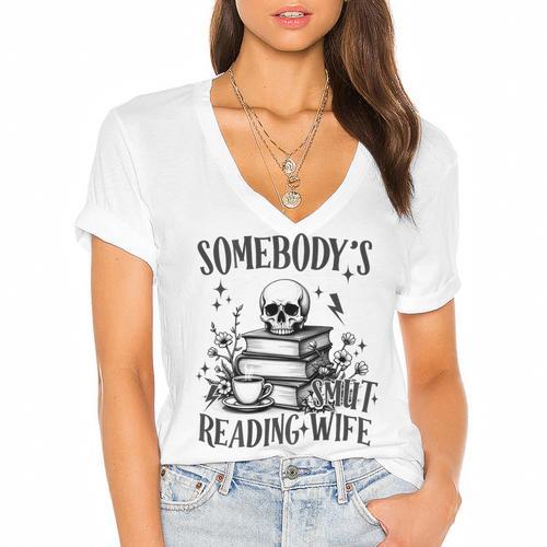 Somebody's Smut Reading Wife Smutty Book Lovers Women's Jersey Short Sleeve Deep V-Neck Tshirt - Bookorys