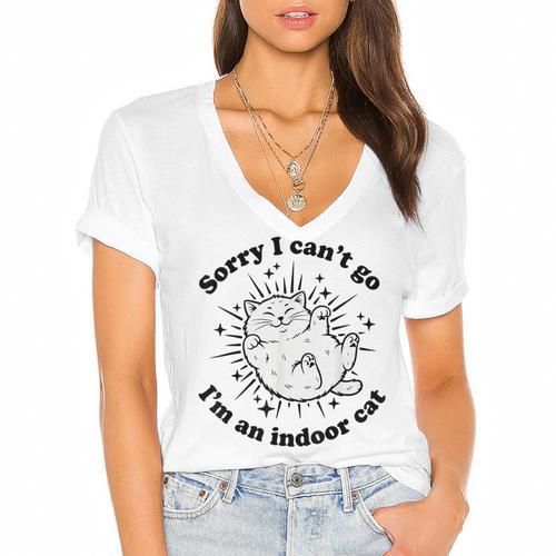 Sorry I Can't Go I'm An Indoor Cat Quote Introvert Women's Jersey Short Sleeve Deep V-Neck Tshirt - Raresse