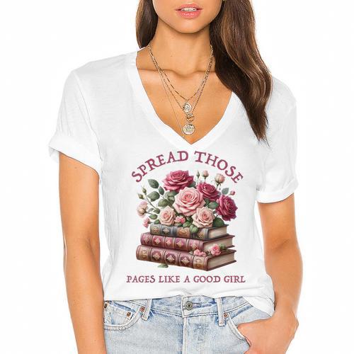 Spicy Books Spread Those Pages Like A Good Girl Dark Romance Women's Jersey Short Sleeve Deep V-Neck Tshirt				 - Bookorys UK