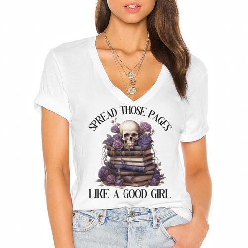 Spread Those Pages Like A Good Girl Dark Romance Spicy Books Women's Jersey Short Sleeve Deep V-Neck Tshirt				 - Bookorys