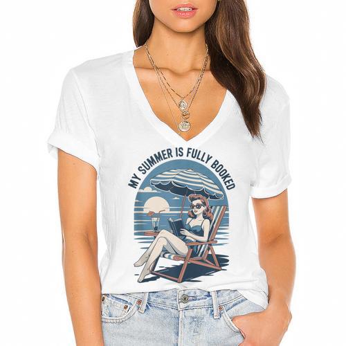 My Summer Is Fully Booked Fun Girls Summer Book Lovers Women's Jersey Short Sleeve Deep V-Neck Tshirt				 - Bookorys