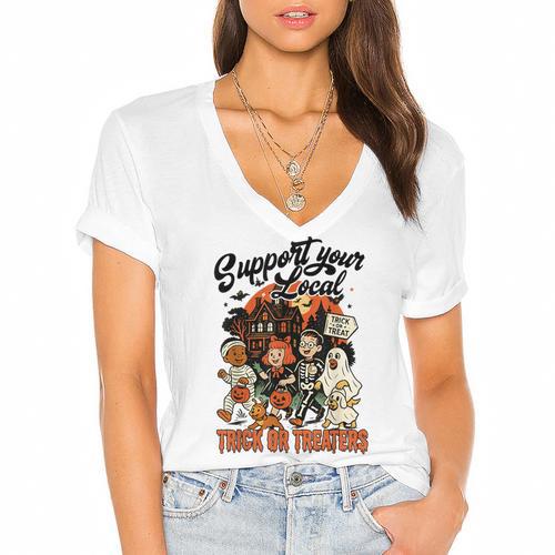 Support Your Local Trick Or Treaters Retro Spooky Nostalgia Women's Jersey Short Sleeve Deep V-Neck Tshirt - Figerry