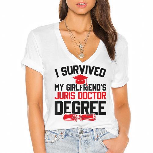 I Survived My Girlfriend's Juris Doctor Degree Graduation Women's Jersey Short Sleeve Deep V-Neck Tshirt - Best Gift Smart