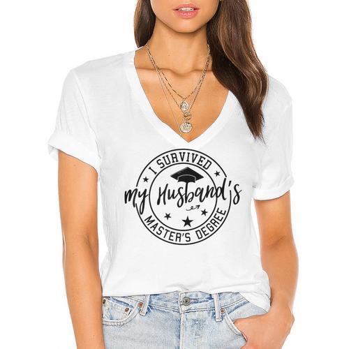 I Survived My Husband's Masters Degree Funny 2023 Graduation Women's Jersey Short Sleeve Deep V-Neck Tshirt - Best Gift Smart