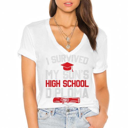 I Survived My Son's High School Diploma Graduation Premium Women's Jersey Short Sleeve Deep V-Neck Tshirt				 - Best Gift Smart