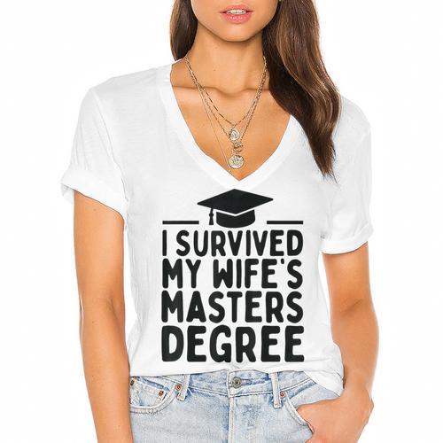 I Survived My Wife's Masters Degree Graduation Class Of 2025 Women's Jersey Short Sleeve Deep V-Neck Tshirt - Best Gift Smart