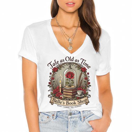 Tale As Old As Time Belle's Book Shop Book Coffee Book Women's Jersey Short Sleeve Deep V-Neck Tshirt				 - Bookorys
