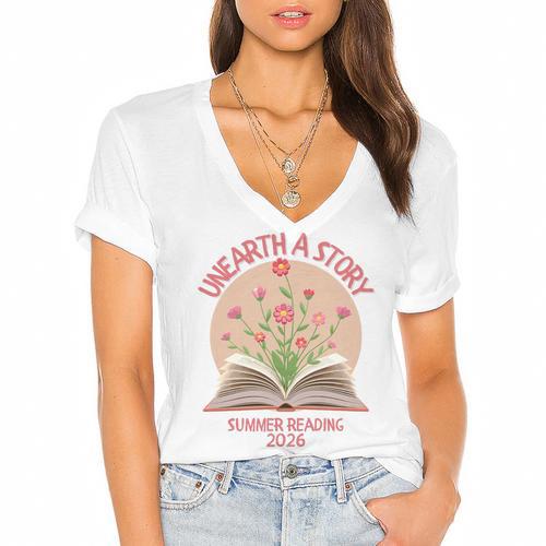 Unearth a Story 2026 Summer Reading Program Flowers Book Premium Tri-Blend Women's Jersey Short Sleeve Deep V-Neck Tshirt				 - Bookorys