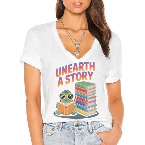 Unearth A Story Cute Turtle Reading Books Librarian Women's Jersey Short Sleeve Deep V-Neck Tshirt - Bookorys