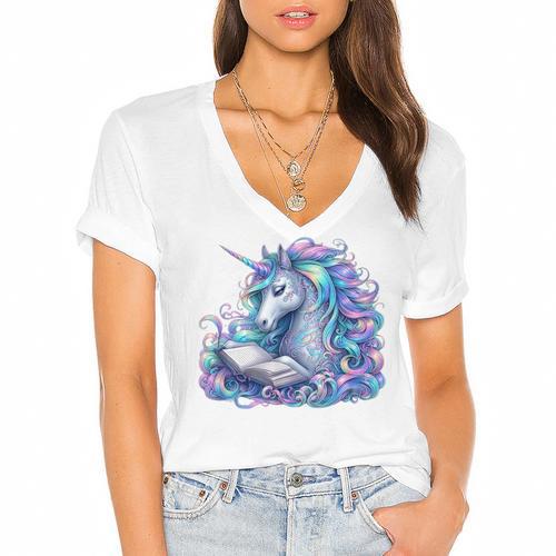 Unicorn Reading For Book Lovers Readers Women's Jersey Short Sleeve Deep V-Neck Tshirt				 - Bookorys