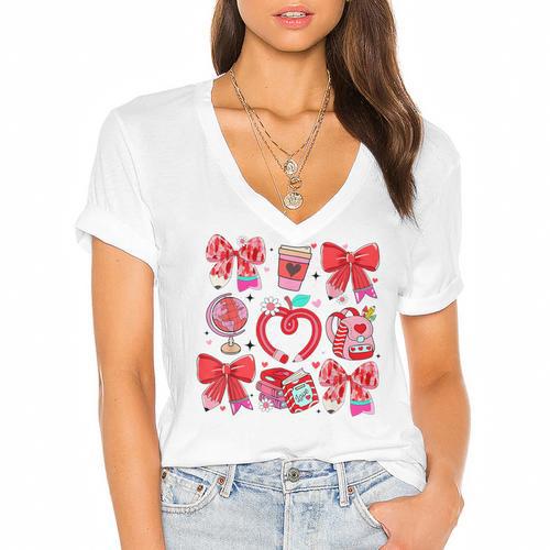 Valentine Teacher Coquette Bow Pencil Heart Book Girl Women Women's Jersey Short Sleeve Deep V-Neck Tshirt				 - Bookorys DE