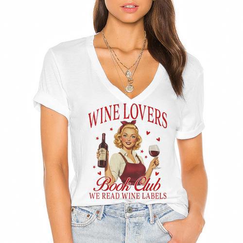 Valentine’s Day Wine Lovers Book Club We Read Wine Labels Women's Jersey Short Sleeve Deep V-Neck Tshirt				 - Bookorys