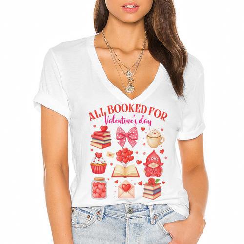 Valentines Reading Book Lover All Booked For Valentine's Day Women's Jersey Short Sleeve Deep V-Neck Tshirt				 - Bookorys AU