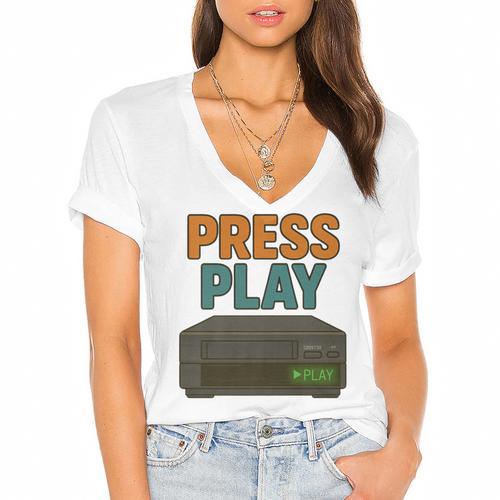 VHS Cassette Retro Analog Nostalgia Theme Premium Women's Jersey Short Sleeve Deep V-Neck Tshirt - Figerry