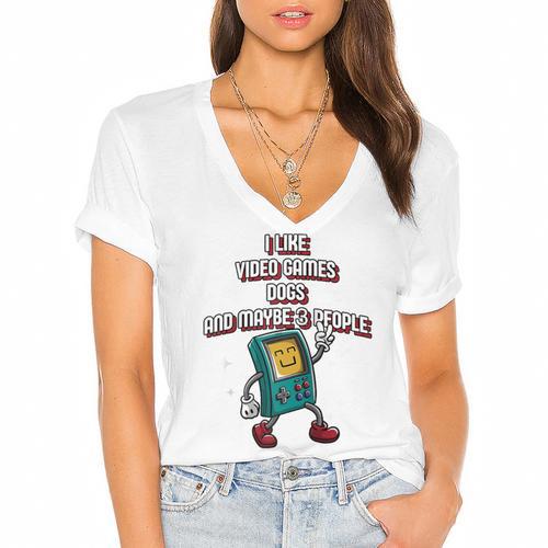 I Like Video Games Dogs And Maybe 3 People Gamer Introvert Raglan Baseball Tee Women's Jersey Short Sleeve Deep V-Neck Tshirt - Raresse