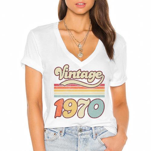 Vintage 1970 Birthday Retro Style 70's Born Nostalgia Outfit Premium Tri-Blend Women's Jersey Short Sleeve Deep V-Neck Tshirt				 - Figerry