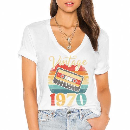 Vintage 1970 Retro Cassette Tape 70s Born Nostalgia Birthday Women's Jersey Short Sleeve Deep V-Neck Tshirt				 - Figerry