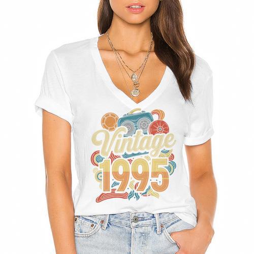 Vintage 1995 Retro Classic 90s Nostalgia Throwback Vibe Women's Jersey Short Sleeve Deep V-Neck Tshirt				 - Figerry