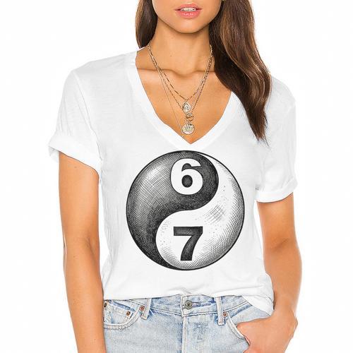 Vintage 6 7 Sketch Yin Yang Namaste Six Seven Nostalgia Women's Jersey Short Sleeve Deep V-Neck Tshirt - Figerry