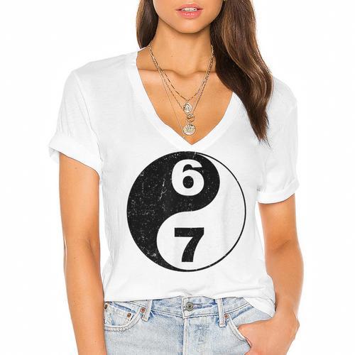 Vintage 6 7 Yin Yang Namaste Six Seven Nostalgia Women's Jersey Short Sleeve Deep V-Neck Tshirt - Figerry
