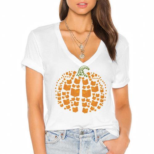 Vintage Book Pumpkin Autumn Fall Librarians Bookworm Teacher Women's Jersey Short Sleeve Deep V-Neck Tshirt				 - Bookorys
