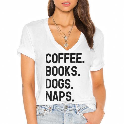 Vintage Coffee Books Dogs Naps Retro Women's Jersey Short Sleeve Deep V-Neck Tshirt				 - Bookorys CA