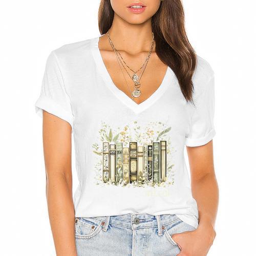 Vintage Floral Bookshelf I Have No Shelf Control Book Lovers Women's Jersey Short Sleeve Deep V-Neck Tshirt				 - Bookorys