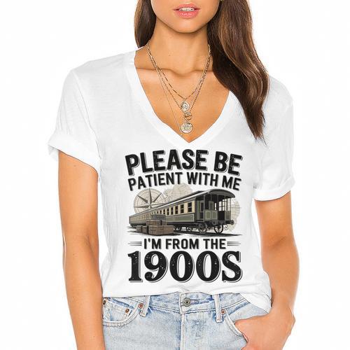 Vintage Be Patient With Me I'm From The 1900s Steam Train Women's Jersey Short Sleeve Deep V-Neck Tshirt - Figerry