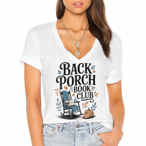 Vintage Reader Author Country Aesthetic Back Porch Book Club Women's Jersey Short Sleeve Deep V-Neck Tshirt - Bookorys