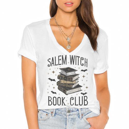 Vintage Salem Book Club Cat Bookish Spooky Halloween Women's Jersey Short Sleeve Deep V-Neck Tshirt				 - Bookorys UK