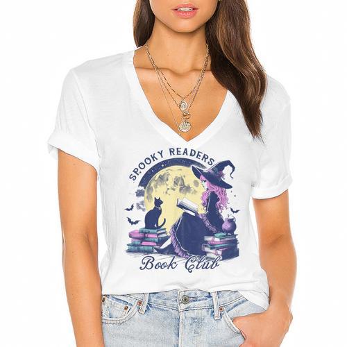 Vintage Sexy Witch Spooky Readers Book Lover Club Halloween Women's Jersey Short Sleeve Deep V-Neck Tshirt				 - Bookorys