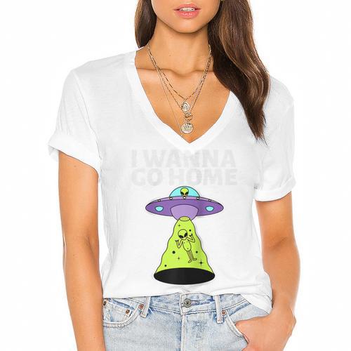 I Wanna Go Home Introvert UFO UAP Flying Saucer Trippy Alien Raglan Baseball Tee Women's Jersey Short Sleeve Deep V-Neck Tshirt - Raresse