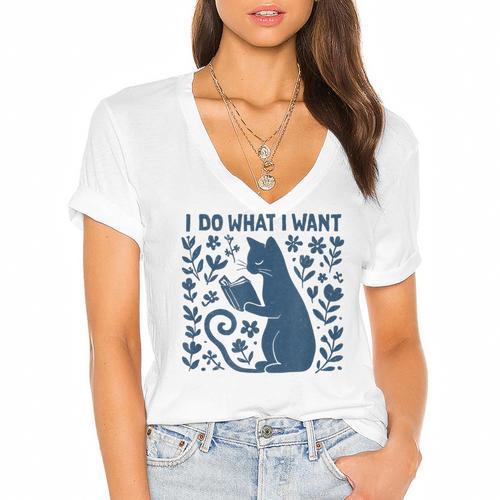 I Do What I Want Cat Reading Book Boho Flowers Vintage Women's Jersey Short Sleeve Deep V-Neck Tshirt				 - Bookorys DE