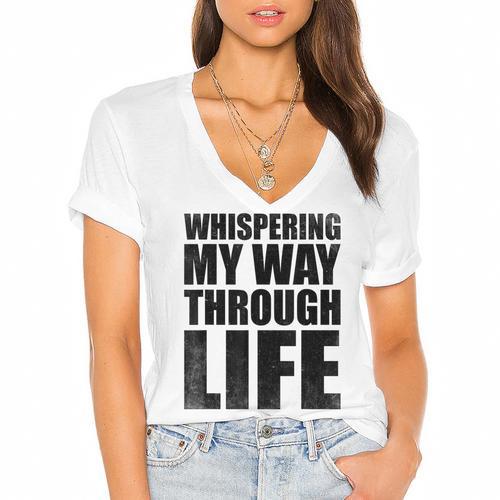 Whispering My Way Through Life Sayings For Introverts Women's Jersey Short Sleeve Deep V-Neck Tshirt				 - Raresse